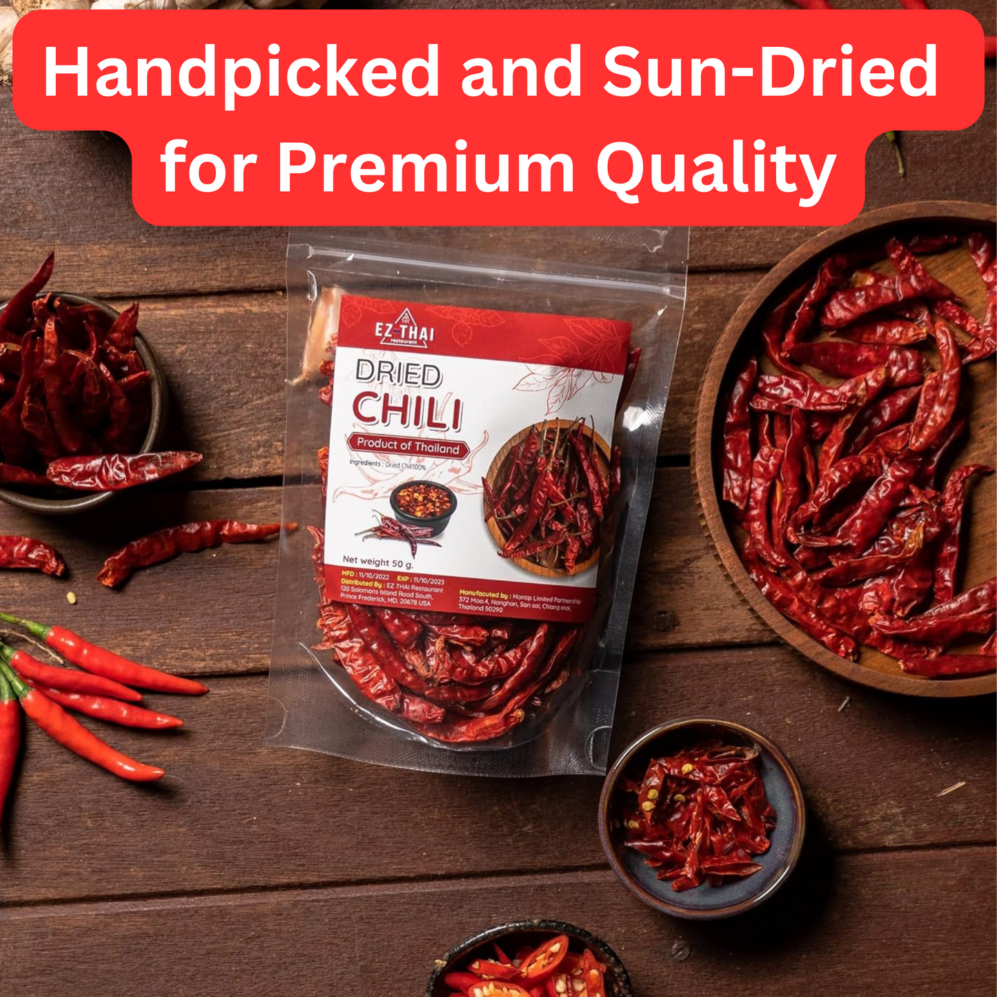 EZ THAI Whole Dried Red Chili Peppers 1 Pack 50 Gram