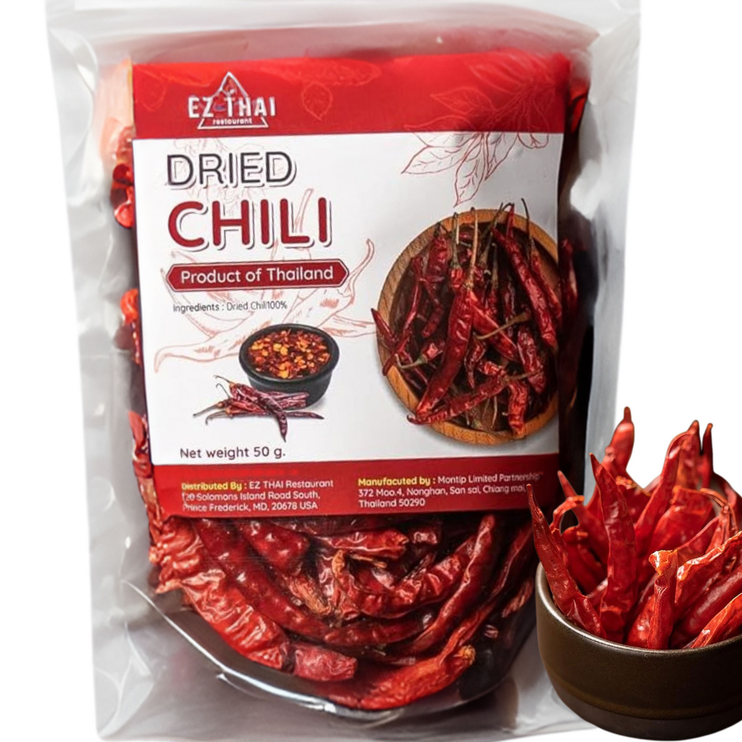 EZ THAI Whole Dried Red Chili Peppers 1 Pack 50 Gram