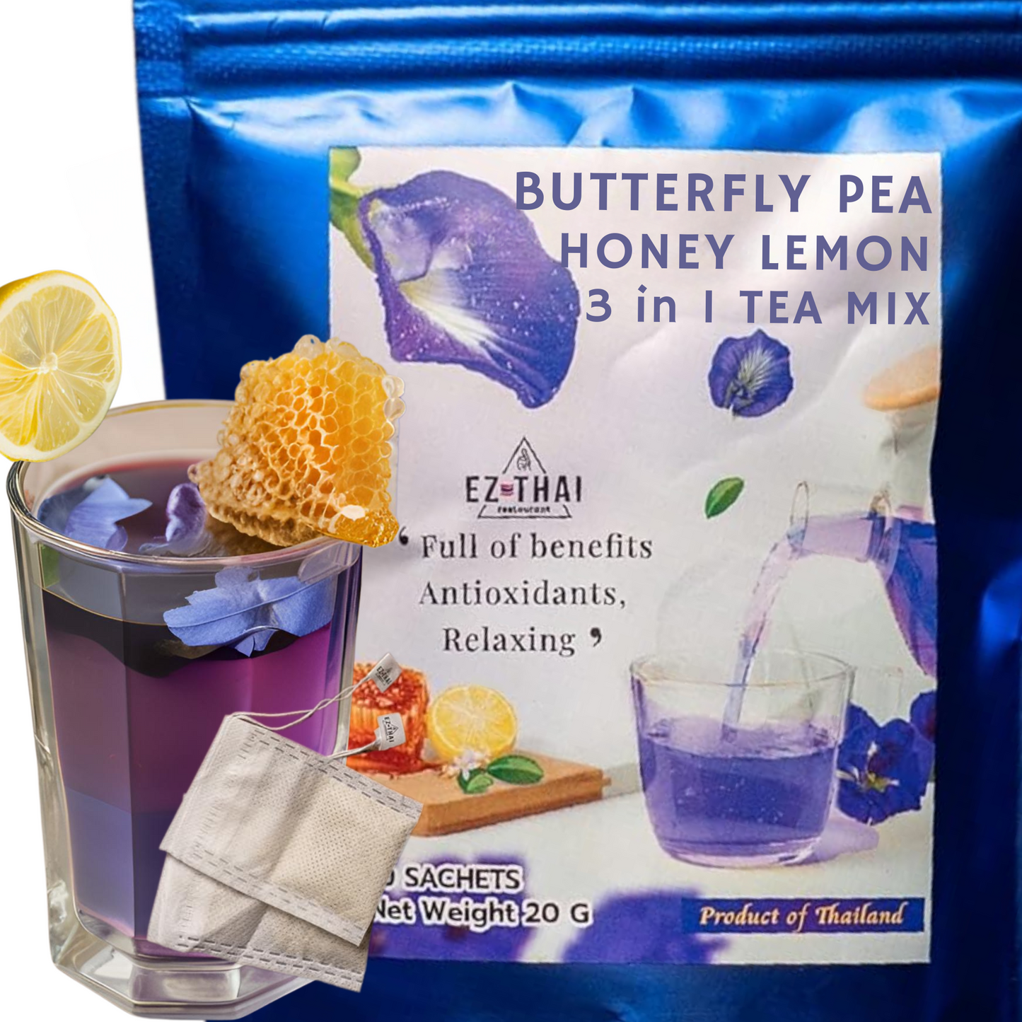 EZ THAI Hot Butterfly Pea Tea Honey Lemon 3-in-1 Hot Tea Mix (10/25 sachets)