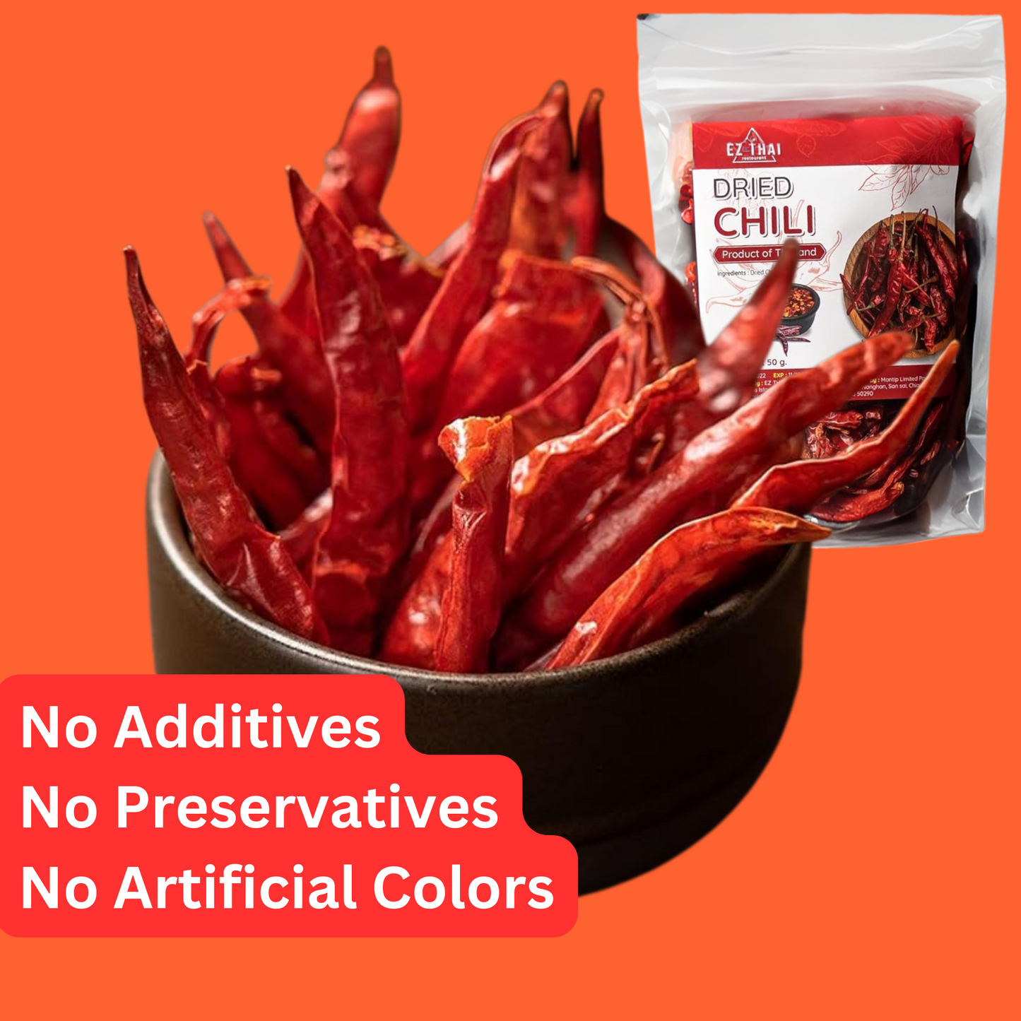 EZ THAI Whole Dried Red Chili Peppers 1 Pack 50 Gram