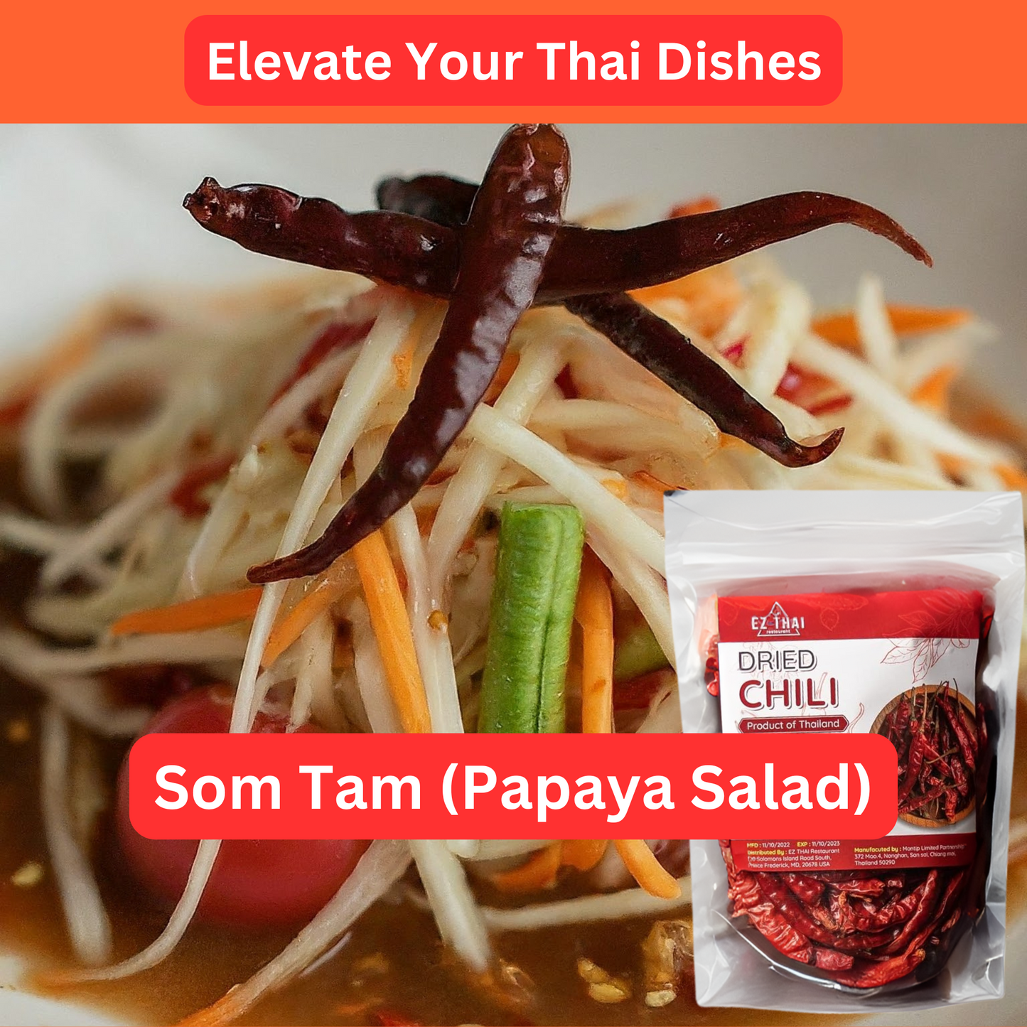 EZ THAI Whole Dried Red Chili Peppers 1 Pack 50 Gram