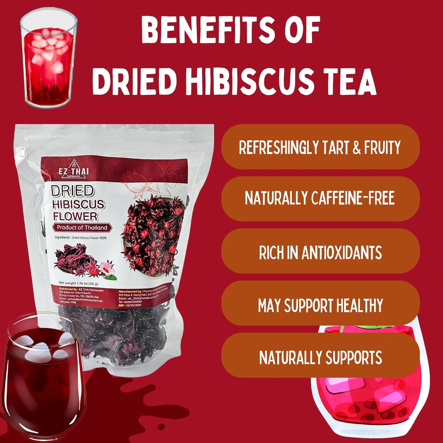 Dried Hibiscus Flower Blossam Tea 1.76 oz (50 grams) Herbal Thai Tea