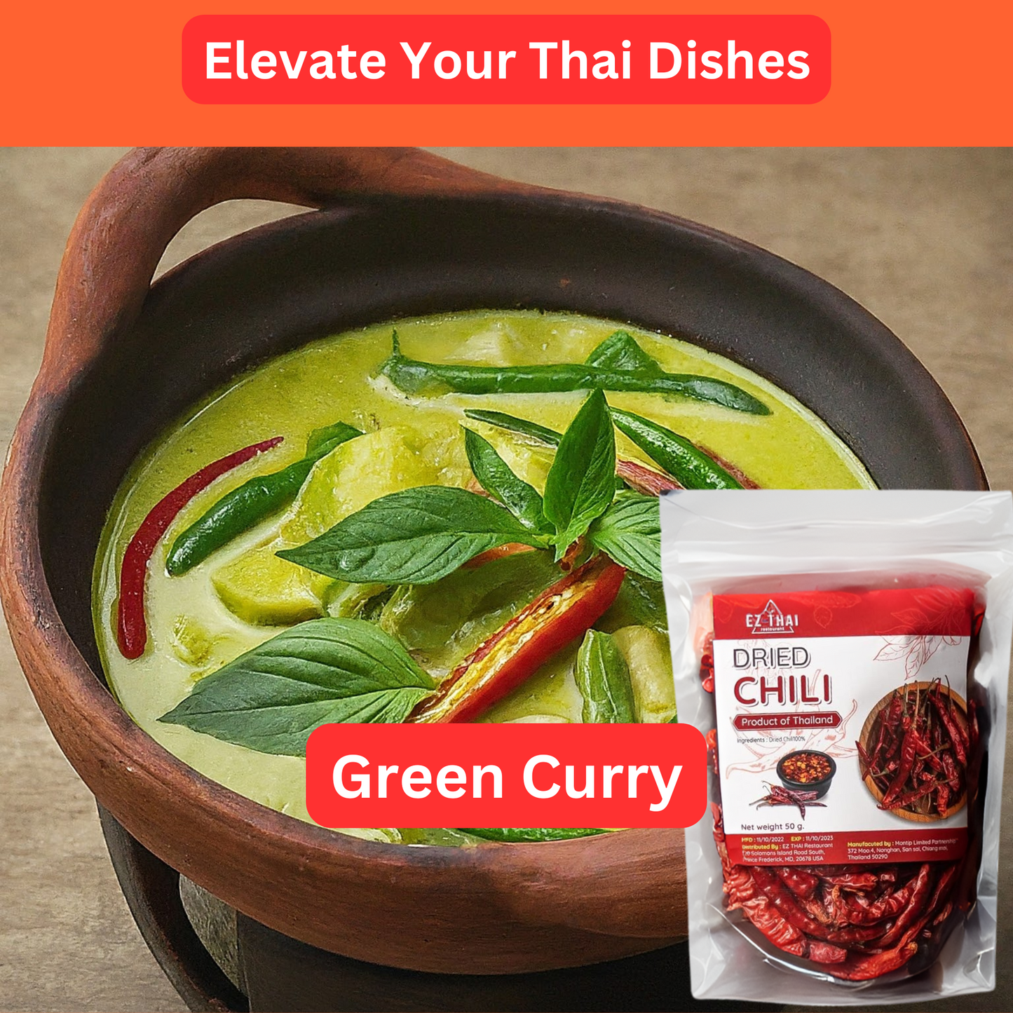 EZ THAI Whole Dried Red Chili Peppers 1 Pack 50 Gram