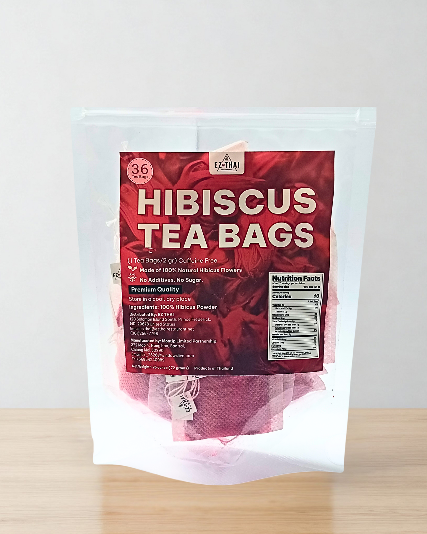 36 Hibiscus Tea Bags Powder, 2.54 oz, Tea for Iced & Hot Beverage, 100% Natural Loose Leaf Hibiscus Powder - No sugar, Caffeine-Free, Vegan, Aromatic & Freashy