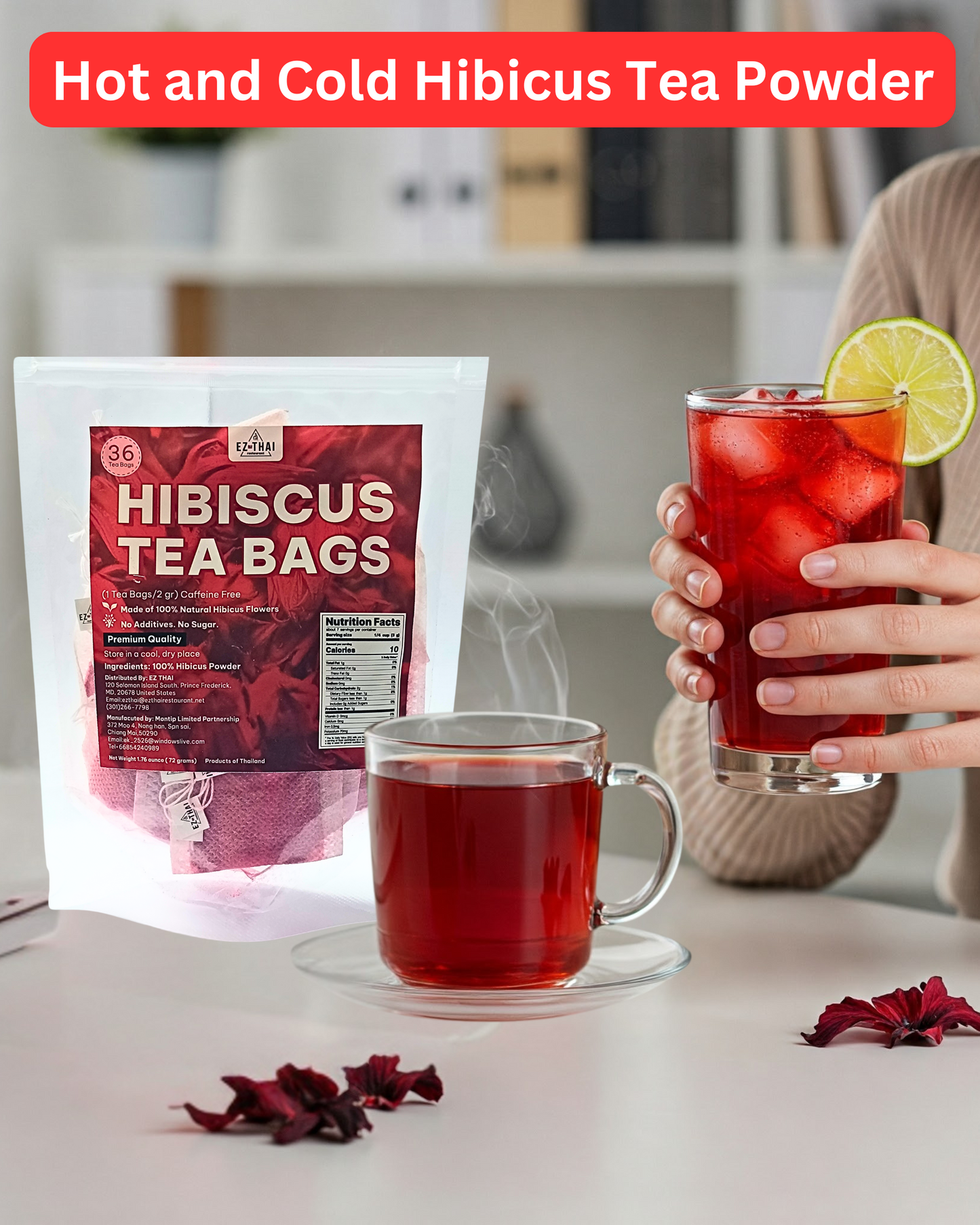 36 Hibiscus Tea Bags Powder, 2.54 oz, Tea for Iced & Hot Beverage, 100% Natural Loose Leaf Hibiscus Powder - No sugar, Caffeine-Free, Vegan, Aromatic & Freashy