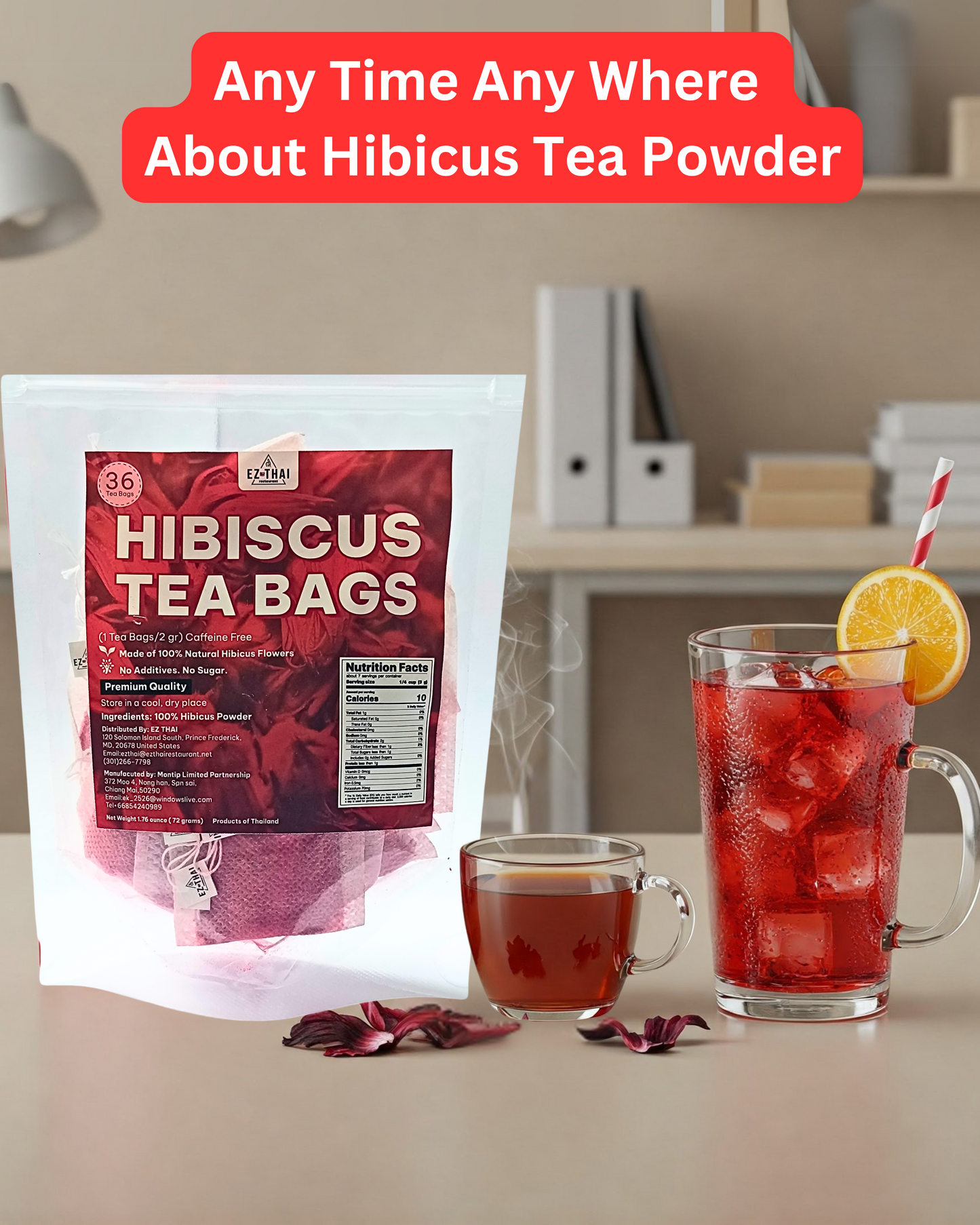 36 Hibiscus Tea Bags Powder, 2.54 oz, Tea for Iced & Hot Beverage, 100% Natural Loose Leaf Hibiscus Powder - No sugar, Caffeine-Free, Vegan, Aromatic & Freashy