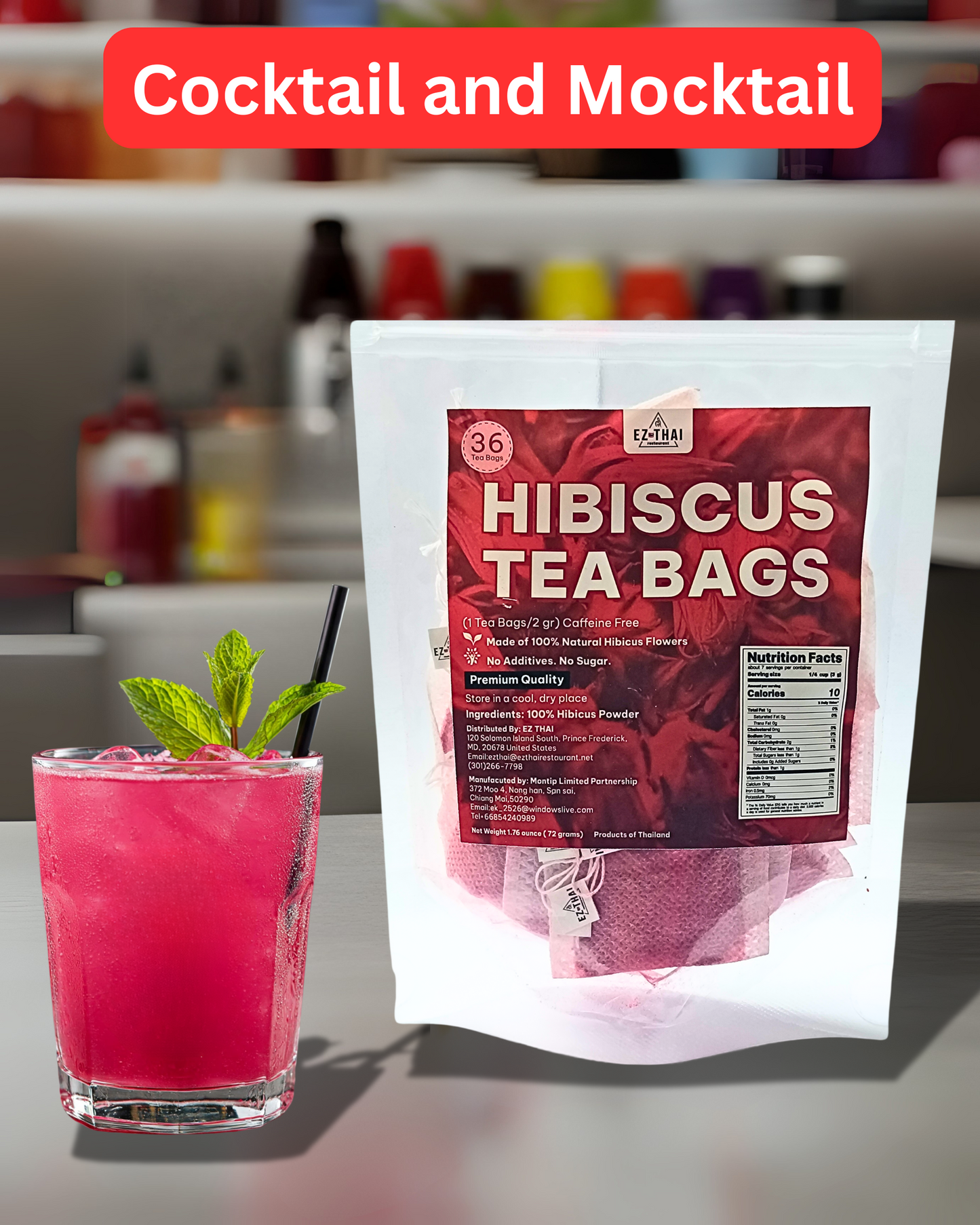 36 Hibiscus Tea Bags Powder, 2.54 oz, Tea for Iced & Hot Beverage, 100% Natural Loose Leaf Hibiscus Powder - No sugar, Caffeine-Free, Vegan, Aromatic & Freashy