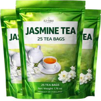 EZ THAI Premium Jasmine Black Tea Bags 25 Count (1.76oz) - Authentic Thai Jasmine Tea. Perfect for Hot Clear Brewing, Relaxing Afternoon Breaks, or Pairing with Asian Desserts.