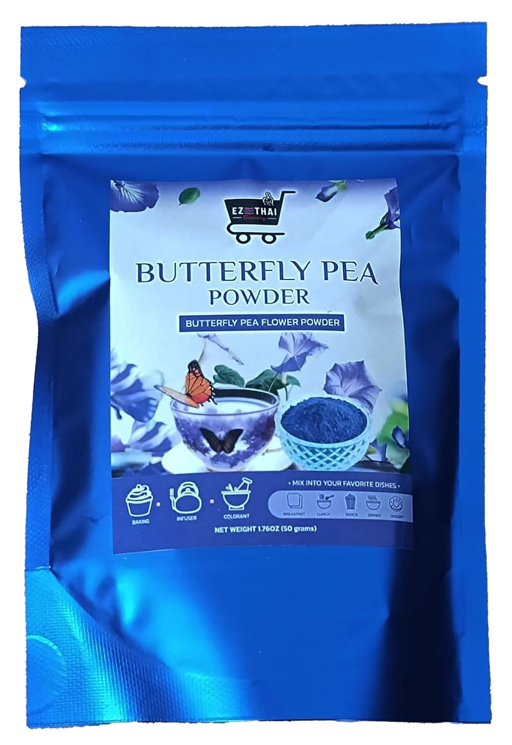 EZ THAI Pure Butterfly Pea Flower Powder 1.76oz (50g) - Natural Blue Food Coloring